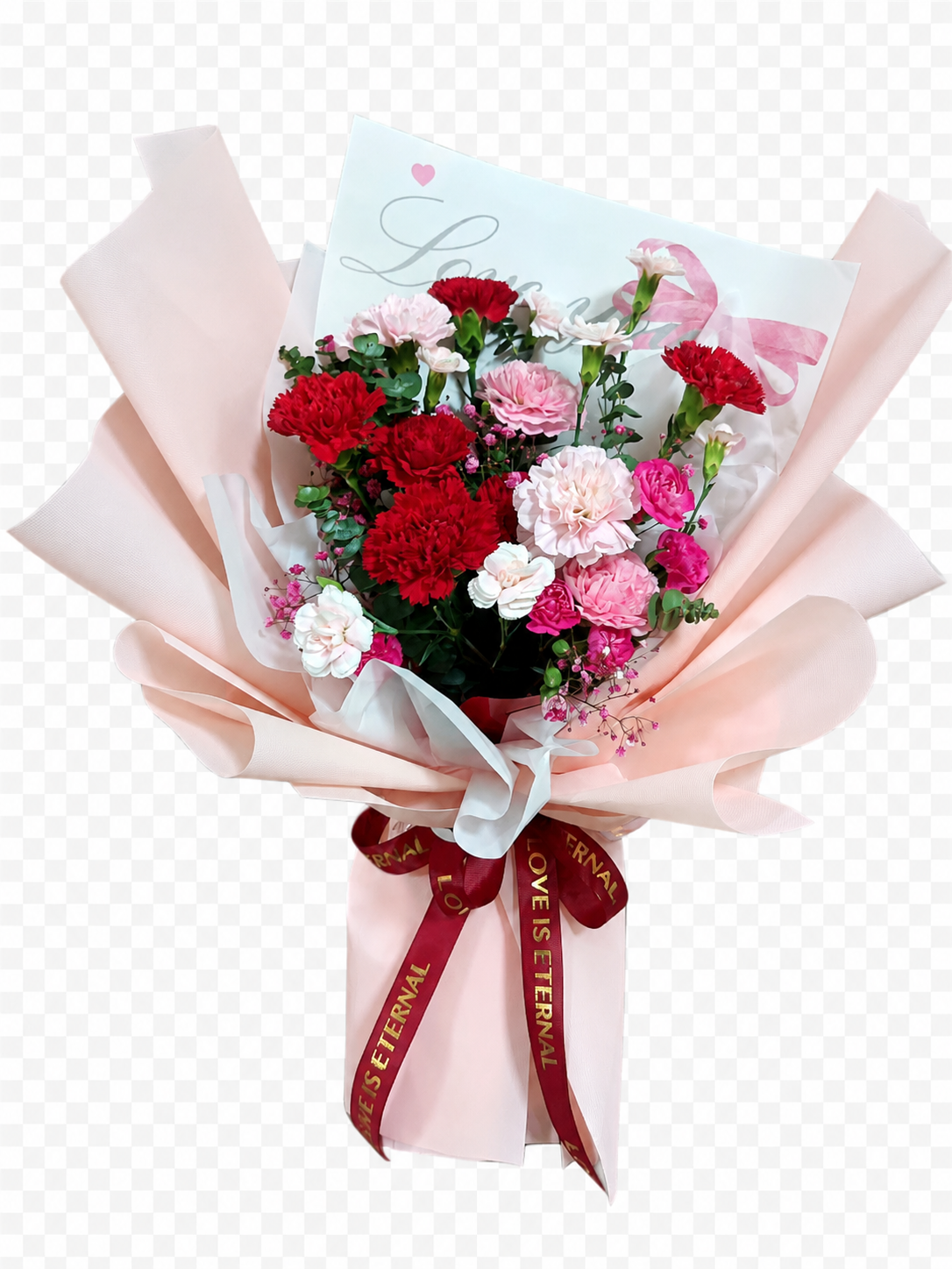 Mother’s Day carnation bouquet with love card and ribbon, fresh flower delivery in Kota Kinabalu