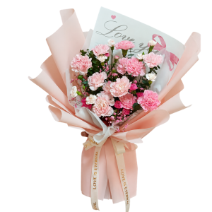 Mother’s Day pink carnation bouquet with love card and ribbon, fresh flower delivery in Kota Kinabalu